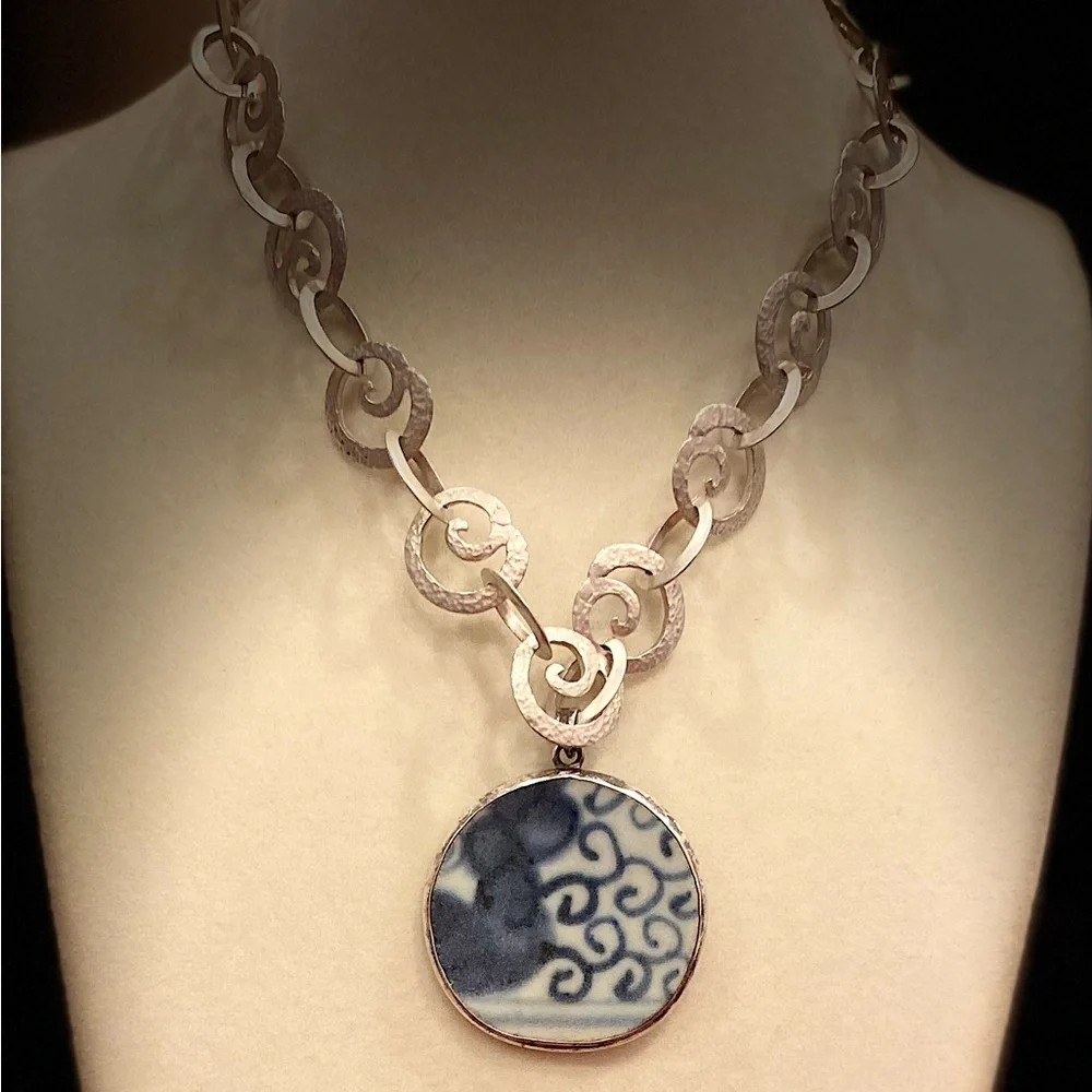 Hand made Sterling OOAK Sterling Upcycled Japanese Pottery Pendant and Chain